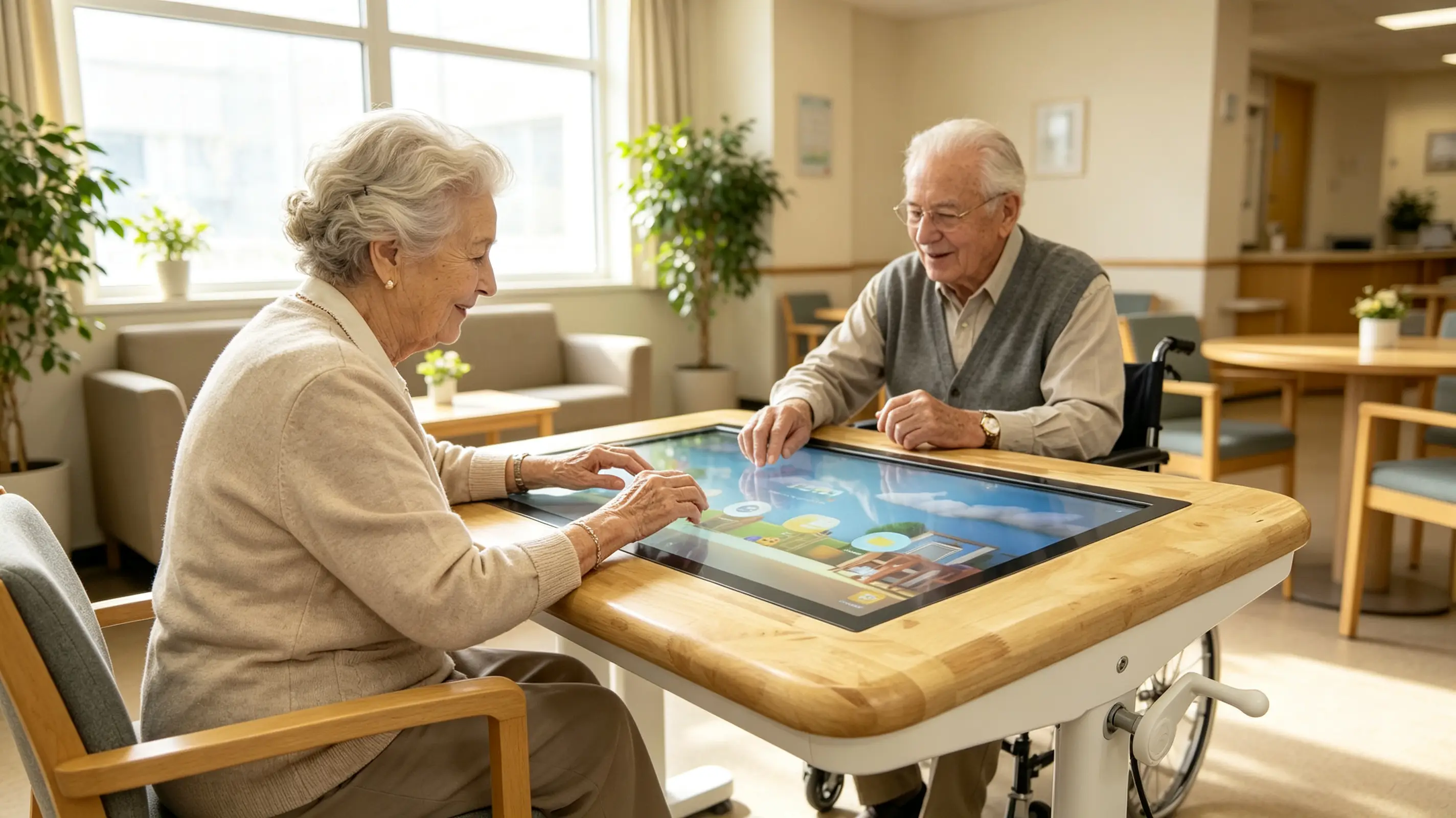 Seniors using wooden interactive touch table in nursing home.webp