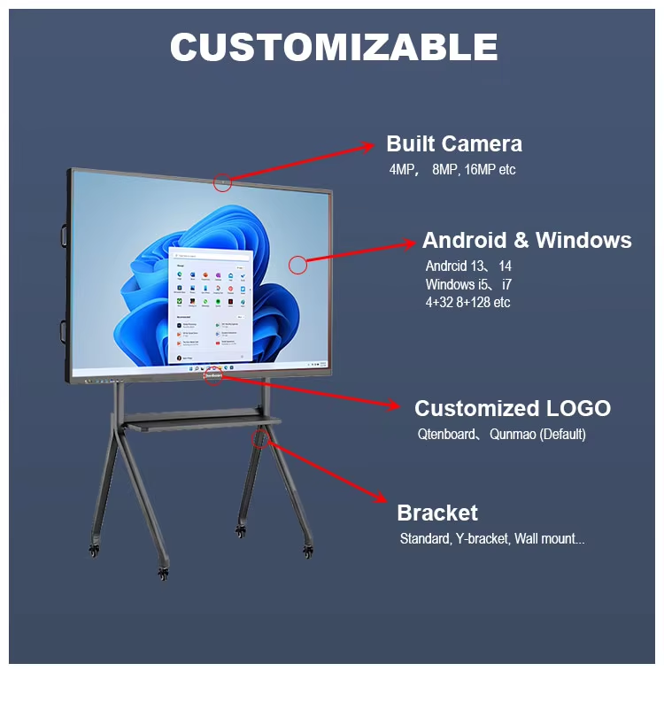 Qtenboard OEM ODM 65 75 86 98 110 Inch Office Meeting Smart Interactive Touch Panel 4K LCD Infrared Touch Electronic Whiteboard