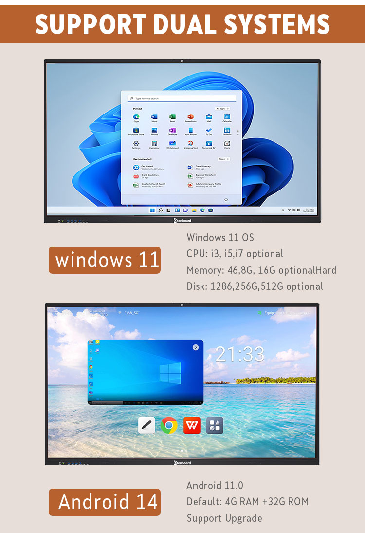 Qtenboard 55 65 75 85 100 110 Inch Dual System Digital Business Smart Board Education Interactive Whiteboard for Company Meeting